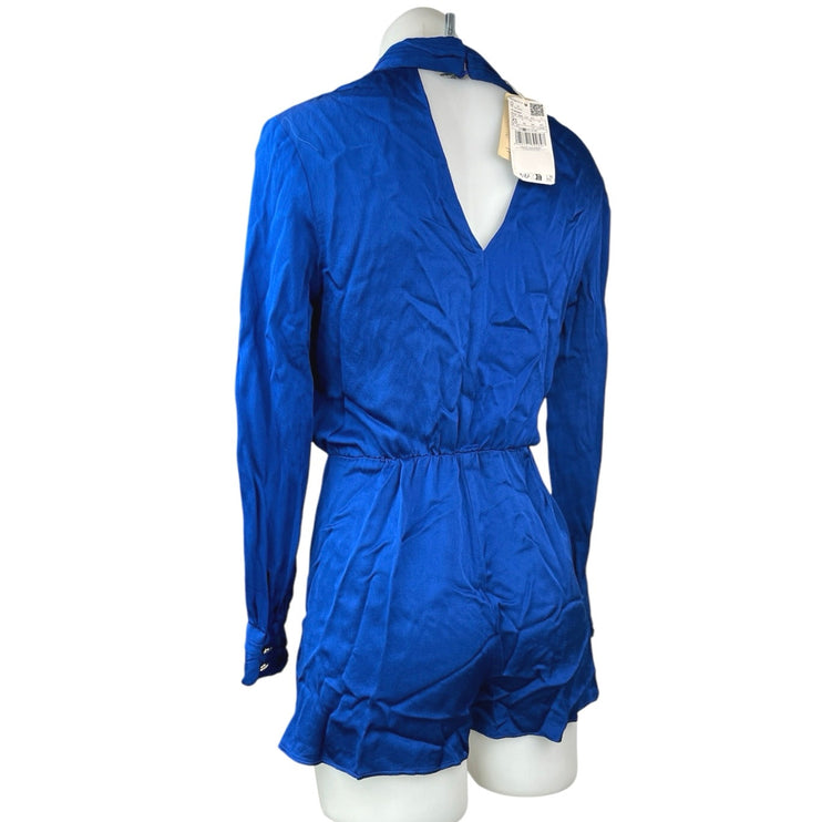 NEW MNG Blue Silky Satin V-neck Faux Wrap Long Sleeve Romper Jumpsuit Size XS