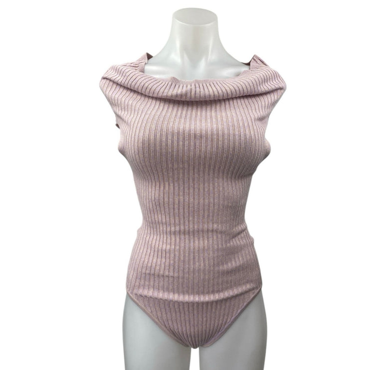 Free People Too Good Women's Pink Rib Knit Off Shoulder Thong Bodysuit Top Sz XS