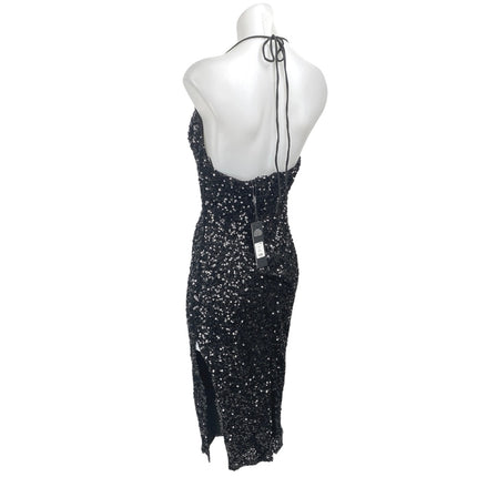 NEW Fashion Nova Black Sequin Halter Plunge Sleeveless Slit Sheath Mini Dress S