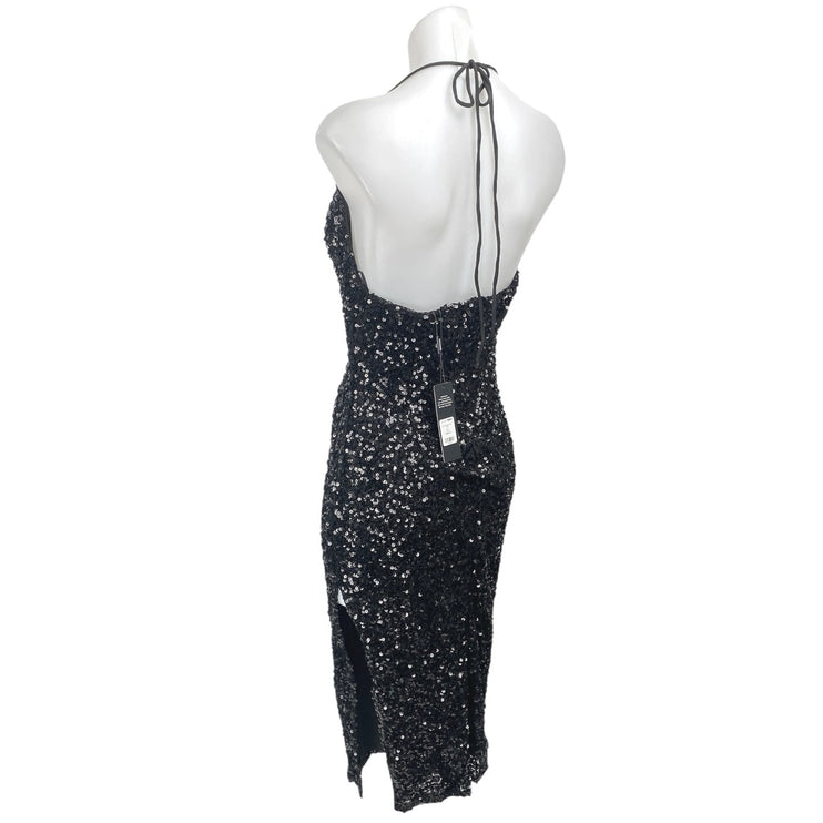 NEW Fashion Nova Black Sequin Halter Plunge Sleeveless Slit Sheath Mini Dress S