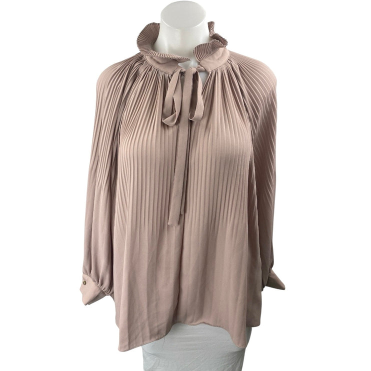 Ku's Women's Brown Tan Pleated Tie Neck Ruffle Collar Long Sleeve Blouse Top L