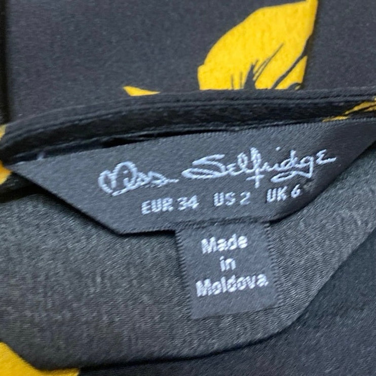 Miss Selfridge Black Yellow Floral Short Sleeve Wrap Peplum Blouse Top Size 2
