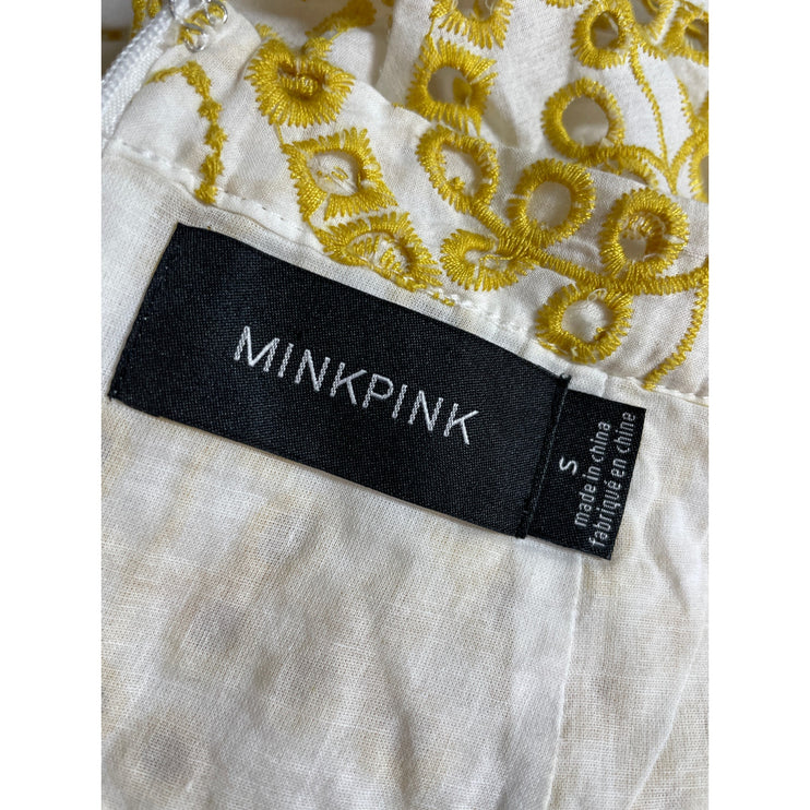 Minkpink Krista Women's Yellow Eyelet Embroidery Ruffled Midi A-Line Skirt Sz S