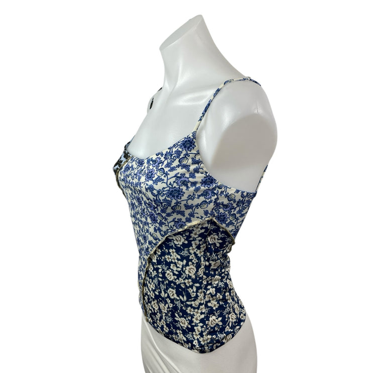 MNG Mango Womens Floral Blue Sleeveless Patchwork Cami Camisole Tank Top Size S