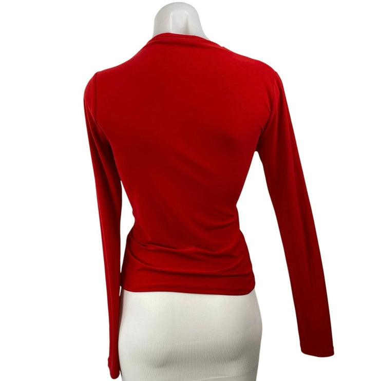 Zara Women's Red Asymmetric Draped Neck Long Sleeve Tee T-Shirt Blouse Top Sz S
