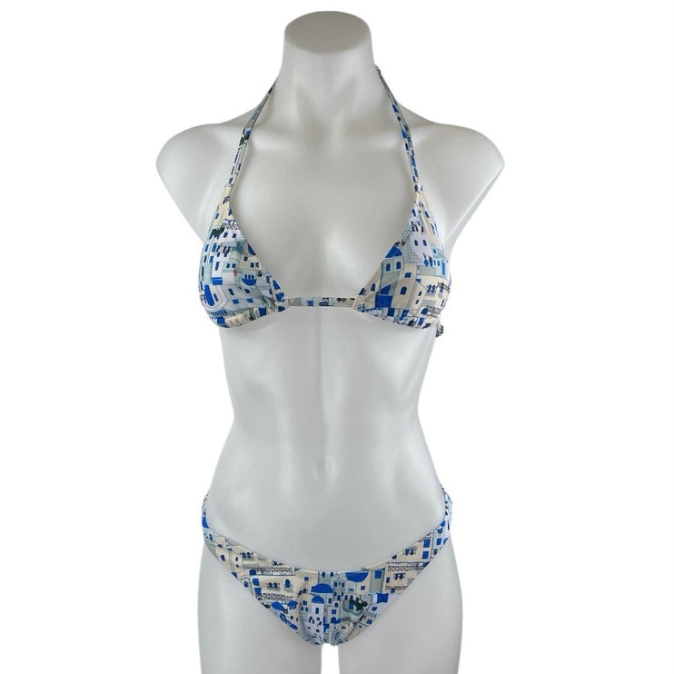 NEW Jimmi Blue Santorini Graphic Print Halter Cover Up Two Piece Bikini Set Sz M