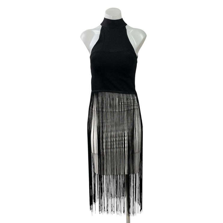 Zara Women's Black Halter High Neck Cutout Fringe Knit Sleeveless Blouse Top S