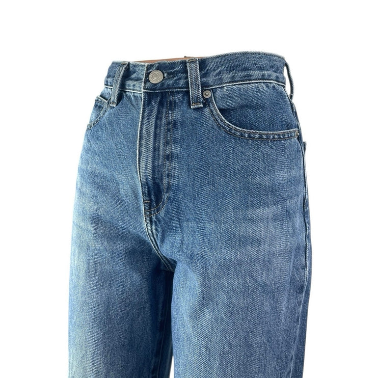 Uniqlo Women's Blue High Waisted Medium Wash Wide Straight Denim Jeans Size 22