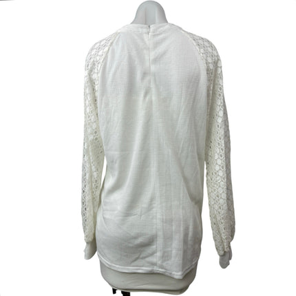 Miholl Women's White Lace Crew Neck Long Sleeve Waffle Knit Sweater Top Size M
