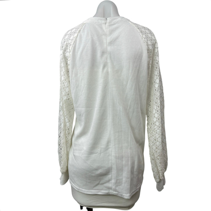 Miholl Women's White Lace Crew Neck Long Sleeve Waffle Knit Sweater Top Size M