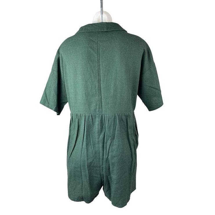 Vestique Women's Green Short Sleeve V Neck Button Up Shirt Romper Shorts M