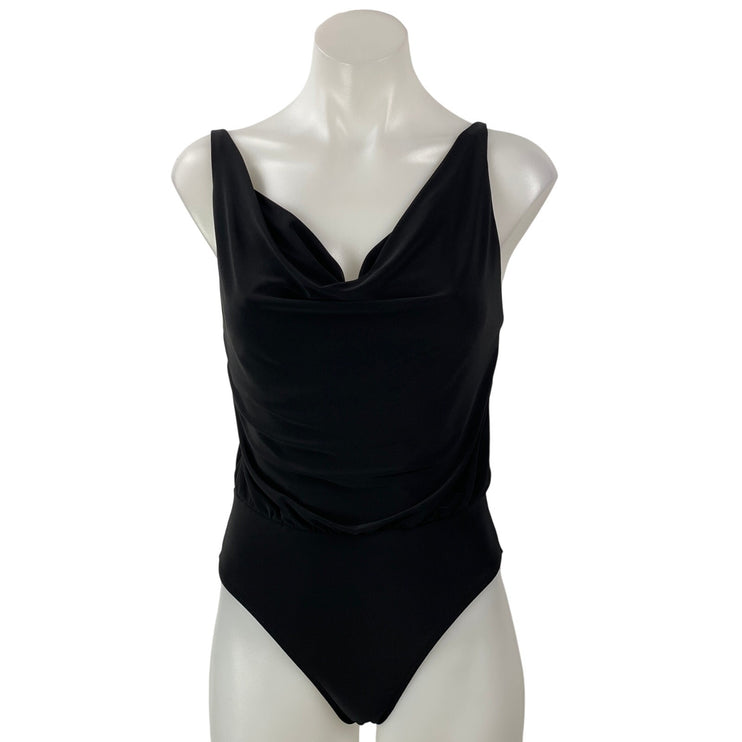 Zara Womens Black Sleeveless Draped Cowl Neck Swimwear One Piece Bodysuit Top S