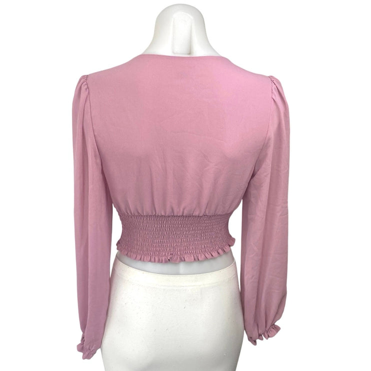 Aritzia Wilfred Pink Long Balloon Sleeve Deep V Neck Smocked Blouse Crop Top XS