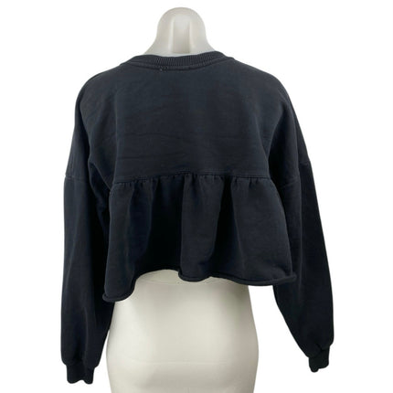 Zara Women's Black Long Sleeve Crew Neck Knit Boxy Ruffle Sweatshirt Top Size M