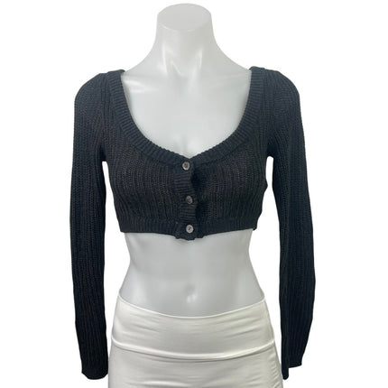Sweet Chilling Gray Knit Long Sleeve Button Down Cardigan Crop Sweater Top Sz XS