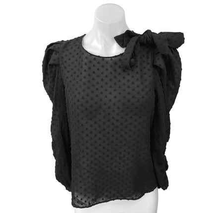 Zara Women's Black Bow Tie Long Puff Sleeve 3D Semi Sheer Blouse Top Size S