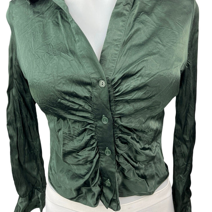 Zara Green Silk Satin Ruched Button Collar Long Sleeve Crop Shirt Blouse Top M