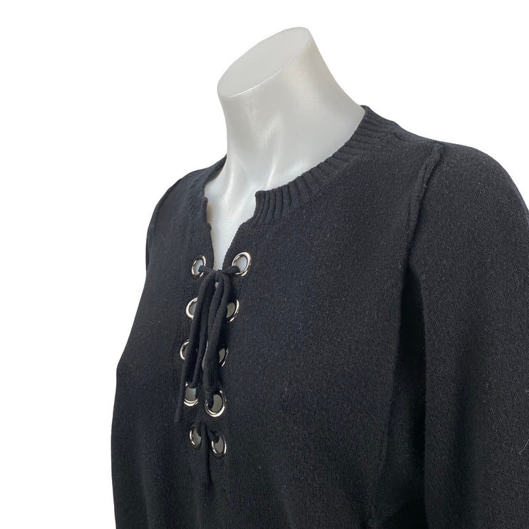 DO+BE Women's Black Lace Up Knit Long Sleeve Y2k Crewneck Sweater Top Size M