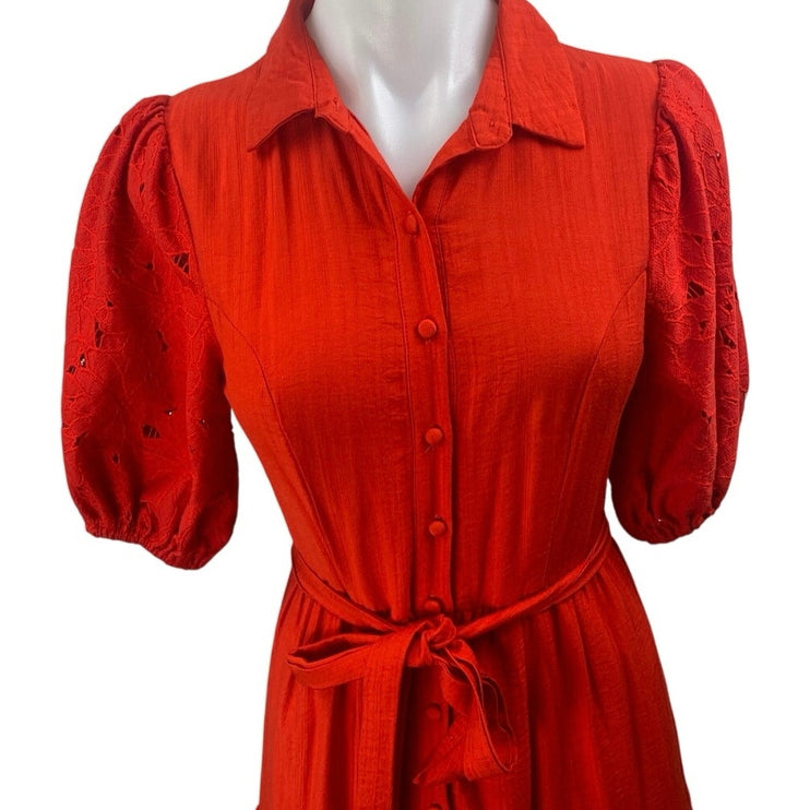 Aura Red Short Puff Sleeve Tiered Tie Waist A Line Midi Shirt Dress Size XS