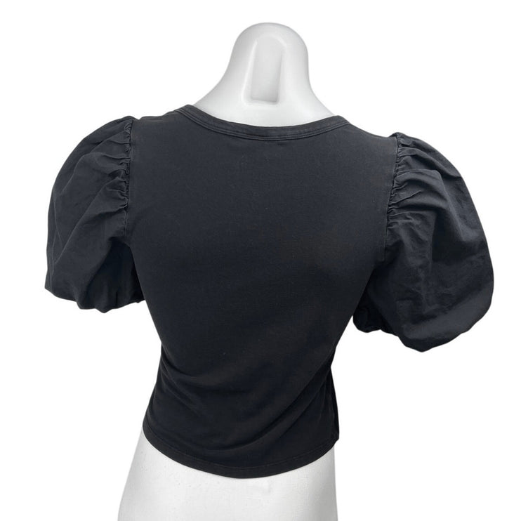 H&M Women's Black Short Balloon Puff Sleeve Crew Neck Pullover Blouse Top Size S