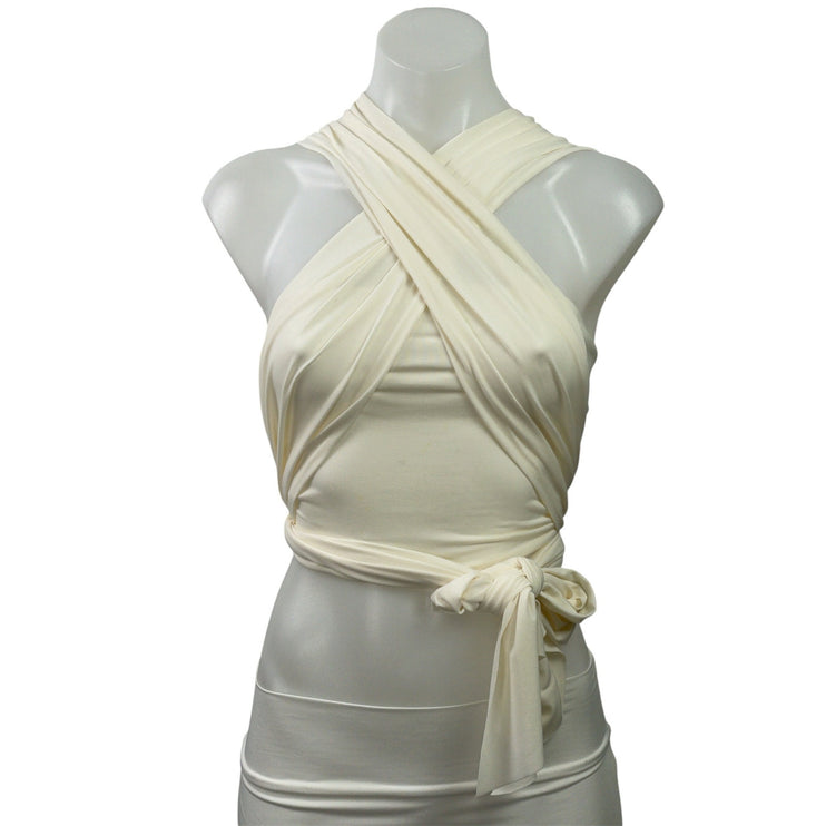 Eros Beige Strappy Cross Over Halter Neck Sleeveless Cropped Wrap Blouse Top XS