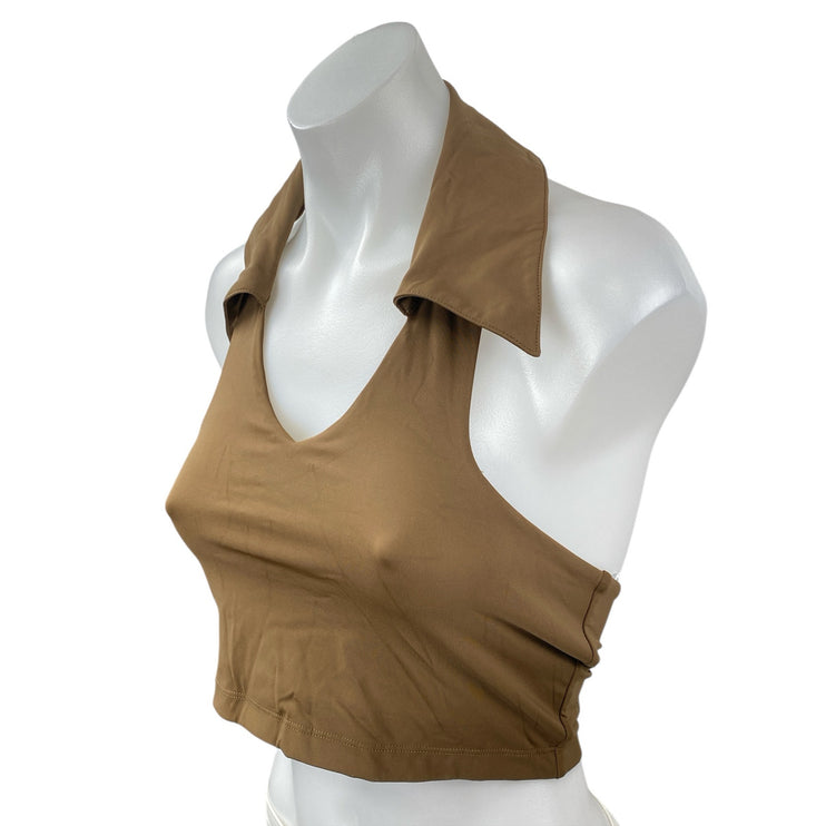 Marby Women's Tan Halter Collared V Neck Yoga Workout Athletic Crop Top Size M