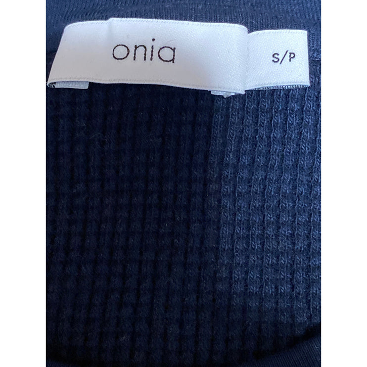 Onia Women's Navy Blue Waffle Knit Crewneck Long Sleeve Crop Sweater Top Sz S/P