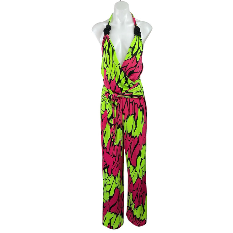 Touch Me Green Pink Retro Abstract Halter Plunge Sleeveless Wide Leg Jumpsuit L