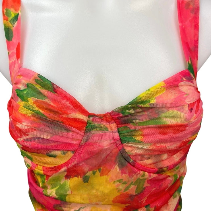 Zara Pink Multicolor Floral Mesh Sweetheart Neck Crop Corset Bustier Tank Top S