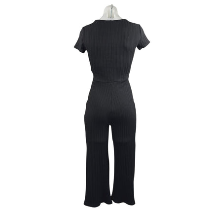Stradivarius Black Short Sleeve Rib Knit Deep V Neck Faux Wrap Jumpsuit Size S