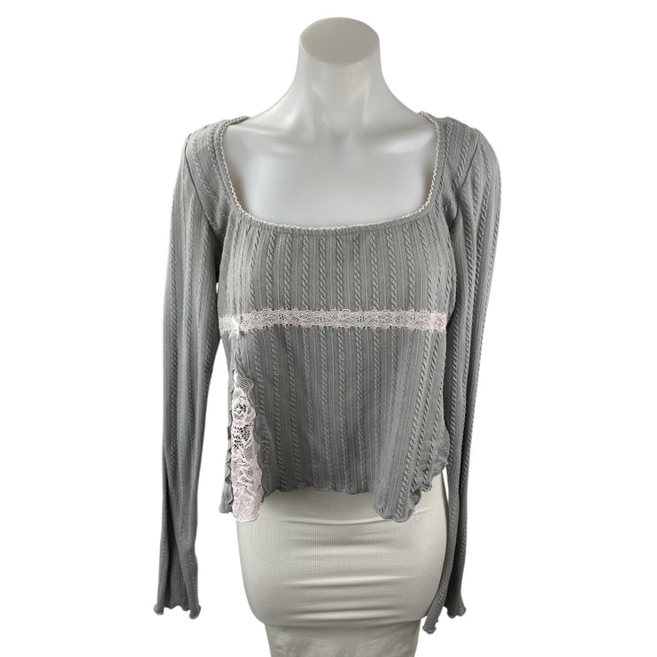 Princess Polly Women's Gray Floral Lace Trip Long Sleeve Boxy Blouse Top Size 10