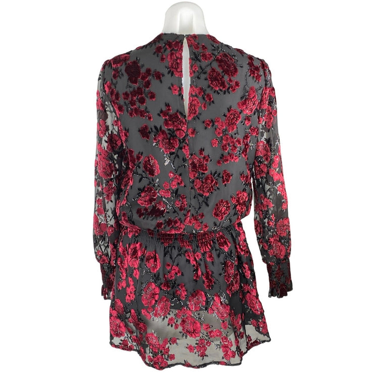 Parker Carmindy Red Black Floral Velvet Burnout Long Sleeve Mini A-Line Dress S