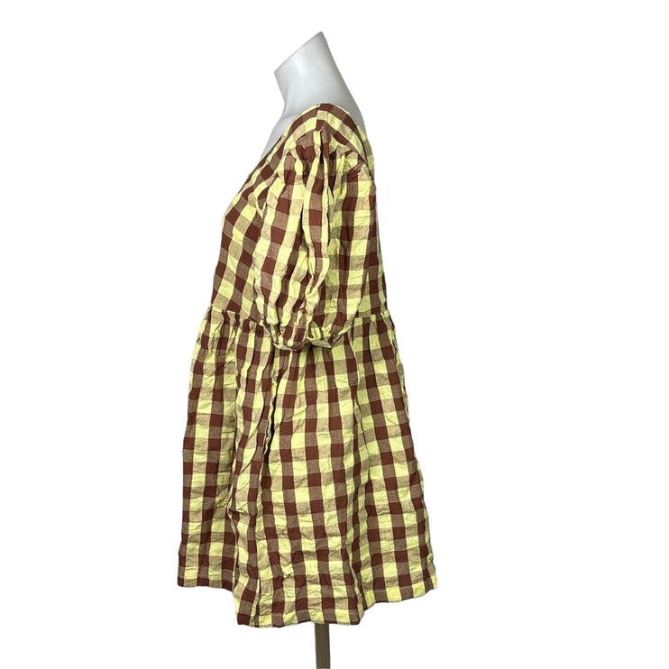 Collusion Yellow Brown Cotton Oversized Gingham Puff Sleeve Babydoll Dress Sz 2