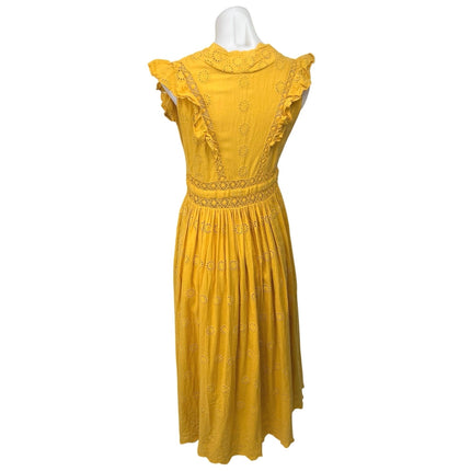 Free People Yellow Linen Eyelet Plunge V-Neck Flutter Sleeve Mini A-Line Dress S