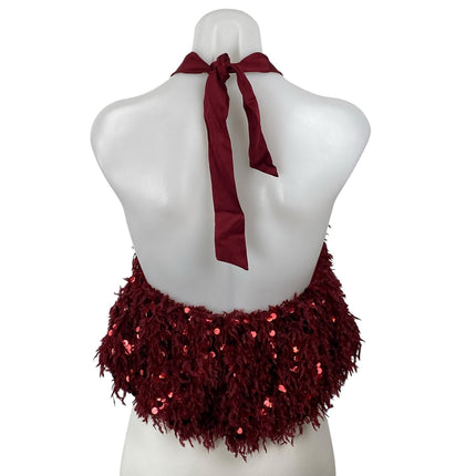 Zara Women's Red Sequin Fringe Halter Sleeveless Open Back Blouse Top Size S