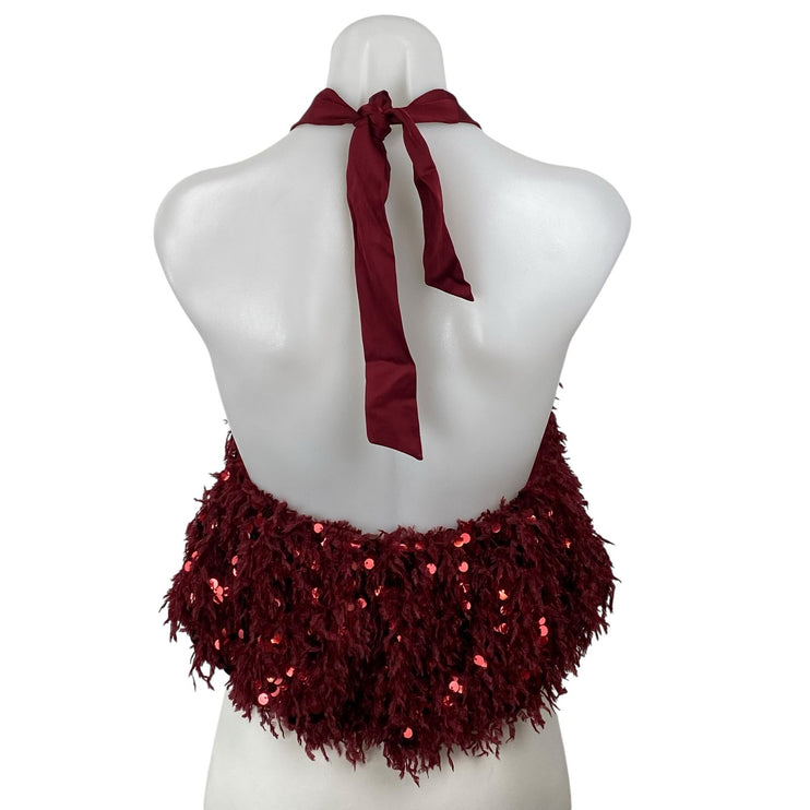 Zara Women's Red Sequin Fringe Halter Sleeveless Open Back Blouse Top Size S