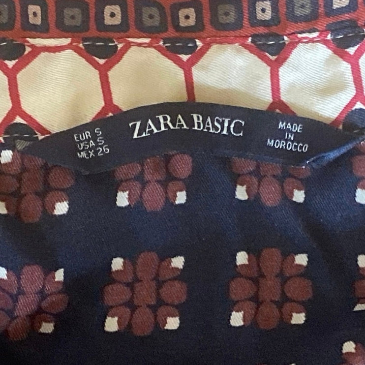 Zara Multicolor Geometric Draped Tie Long Sleeve Midi A-Line Shirt Wrap Dress S