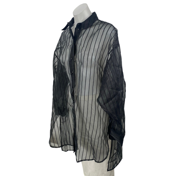 Topshop Women's Black Sheer Mesh Striped Long Sleeve Button Down Tunic Dress 4