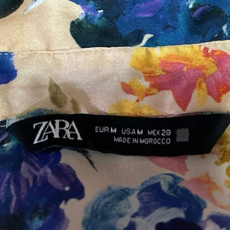 Zara Yellow Multi Floral Silk Satin Long Sleeve Button Down Shirt Top Size M