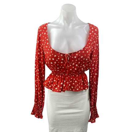 NEW Privacy Please Red Floral Long Sleeve Scoop Peplum Blouse Crop Top Size XS
