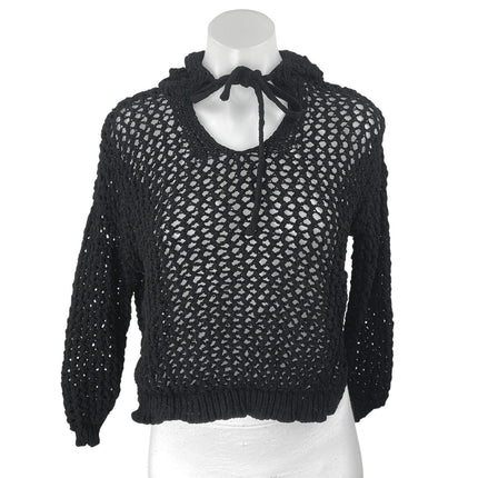 Nicole Miller Women's Black Long Sleeve Open Knit Hoodie Hooded Sweater Top L