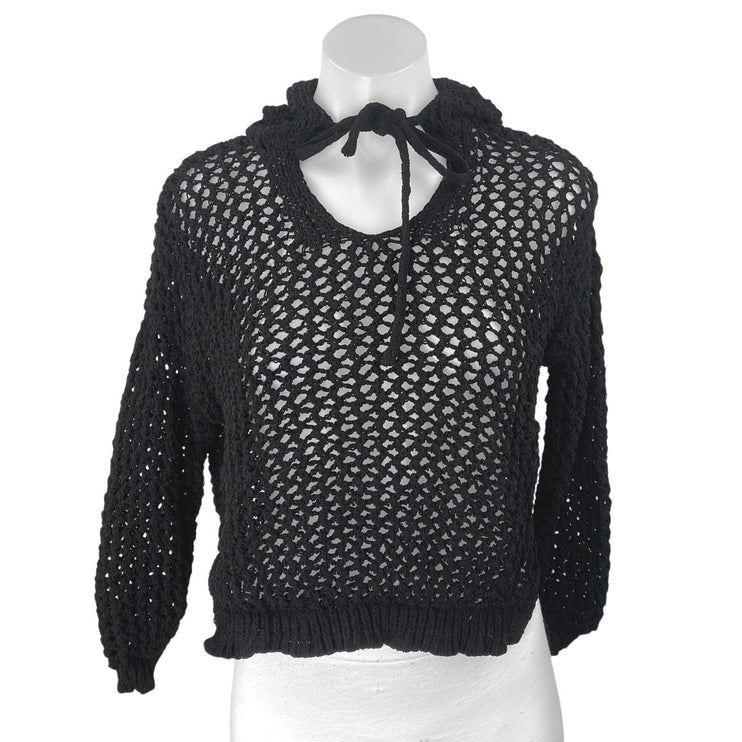 Nicole Miller Women's Black Long Sleeve Open Knit Hoodie Hooded Sweater Top L