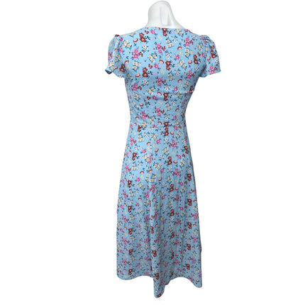 Francesca's Blue Floral Print Button Down Short Puff Sleeve Midi A-Line Dress XS