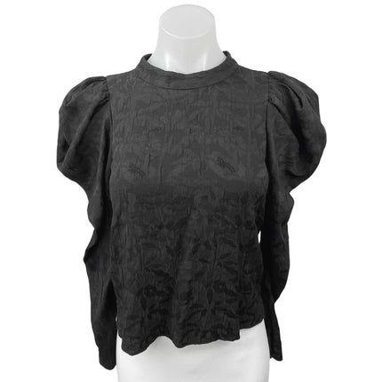 Zara Black Floral Textured Ruched Puff Long Sleeve Crew Neck Blouse Top Size S