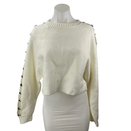 Zara Women's Cream White Studded Beaded Cutout Long Sleeve Crop Sweater Top Sz S