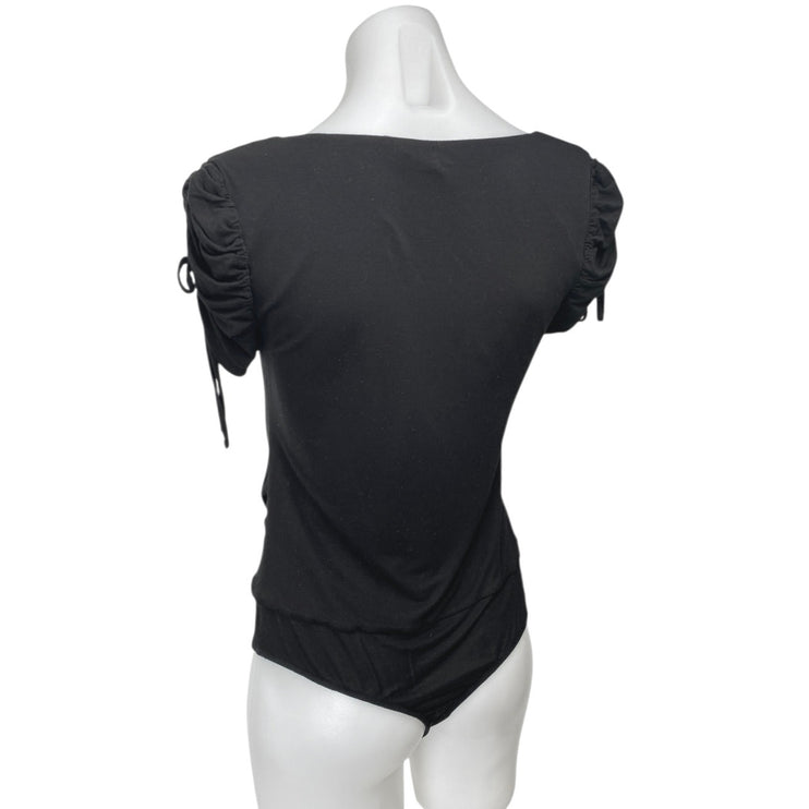 Privacy Please Black Short Sleeve Ruched T Shirt Blouse Bodysuit Top Size L