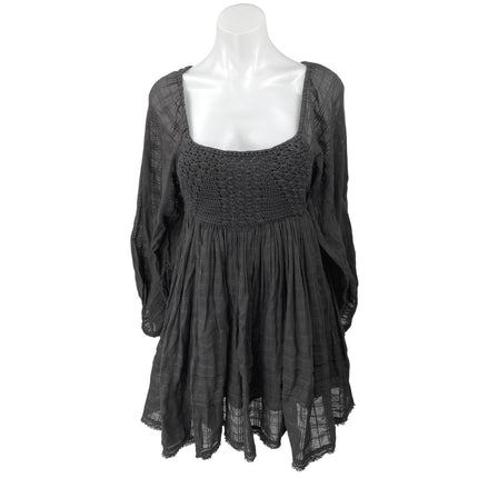 Free People Black Ari Smocked Crochet Boho Long Sleeve Mini Babydoll Dress Sz M