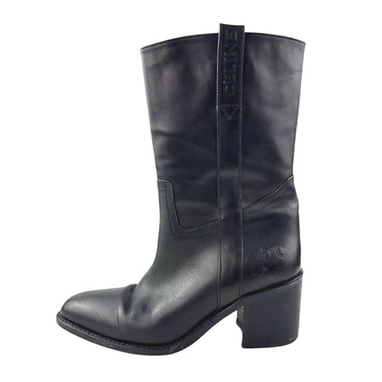 Celine Paris Women's Black Leather Block Heele Mid Calf Boots Size 37 US 6.5
