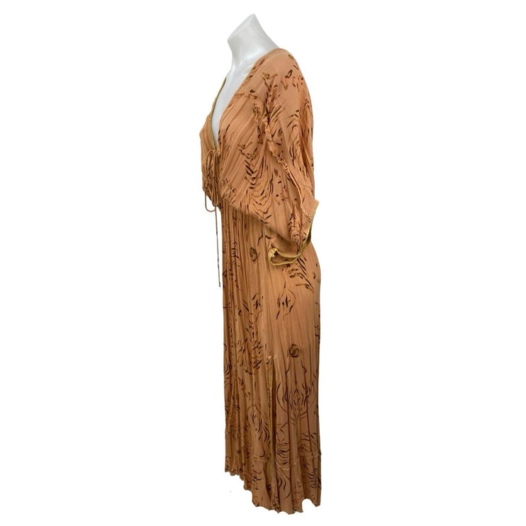 Z&L Tan Long Dolman Sleeve V Neck Pleated Open Back Blouson Maxi Dress Size S