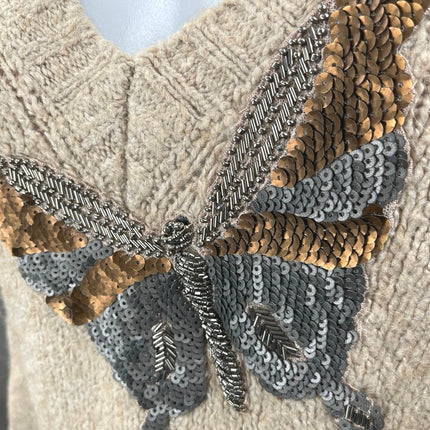 Zara Women's Tan Beige Alpaca Wool Knit Butterfly Sequin Beaded Sweater Top Sz M